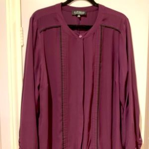 Deep plum color w/ black pinstripes hidden button top f/ ELOQUII size 18.